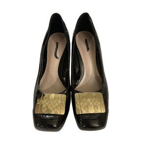 Merona womens size 5.5 Black Patent Leather Block Heel Pumps Gold Accent